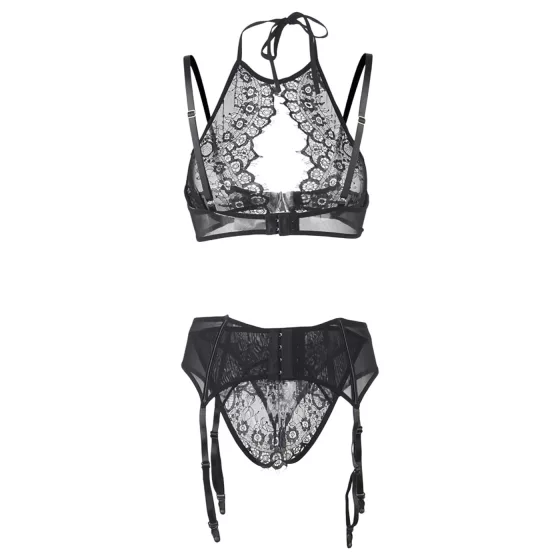 Adalet Evelyn - 3-Piece Lace Lingerie Set (Black) - L/XL