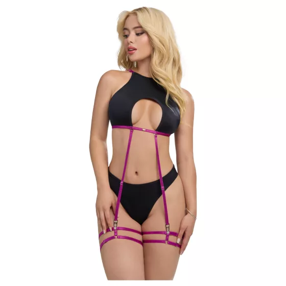 Zôf Zara - Cut-out Top and Thong with Suspender Straps (Black) - L/XL