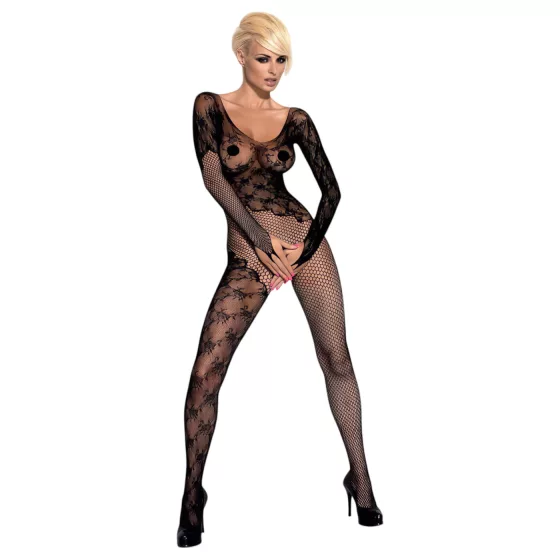Obsessive F210 - black fishnet catsuit with roses, long sleeves (S-L)