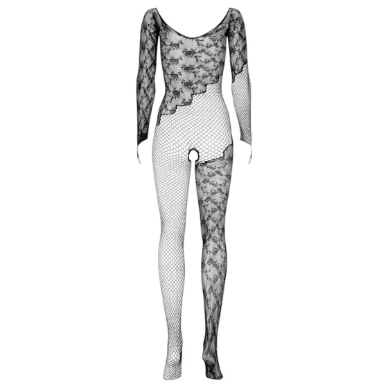 Obsessive F210 - black fishnet catsuit with roses, long sleeves (S-L)