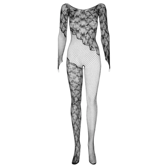Obsessive F210 - black fishnet catsuit with roses, long sleeves (S-L)