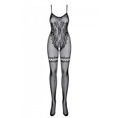   Obsessive F213 - floral jumpsuit with mesh thigh highs - black (S-L)