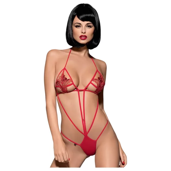 Obsessive Luiza - red strappy bodysuit with tulip motif (S/M)